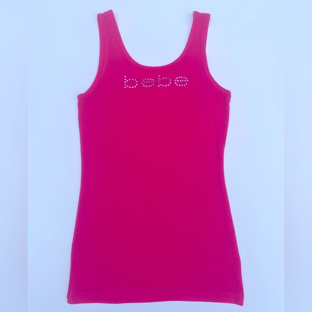Bebe Ribbed Fuchsia Tank Top Light Pink Rhinestone Logo (Medium)